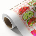 Art deco poster featuring an array of stylized food dishes in bold colors on rolled canvas.