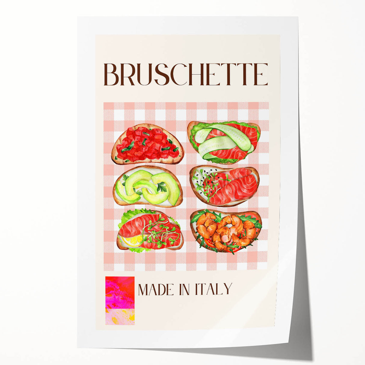 Rolled print featuring an array of detailed food dishes in soft watercolor tones, suitable as art wall dining room decor.