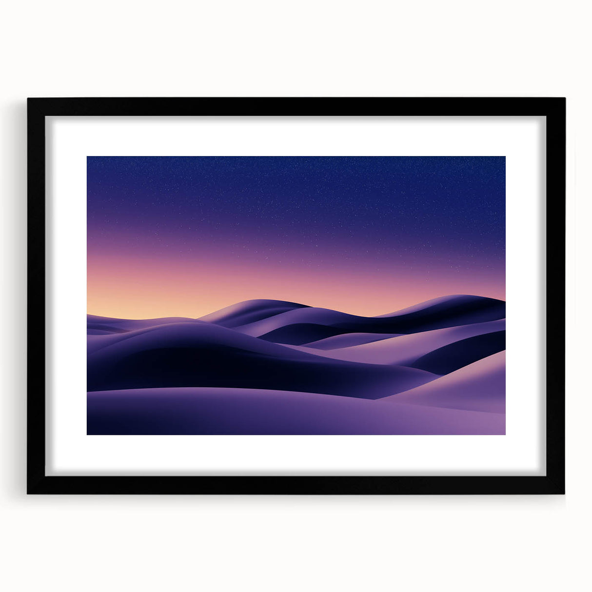 Framed landscape artwork showcasing serene sand dunes in a black mat and frame, ideal for modern home decor, emphasizing natural beauty and tranquility.