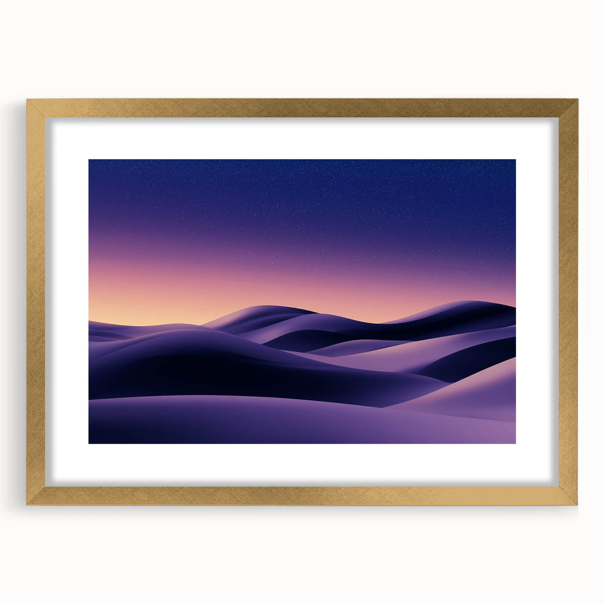 Elegant gold-framed landscape art print showcasing serene sand dunes under a clear sky, perfect for adding a touch of nature-inspired decor to any space.