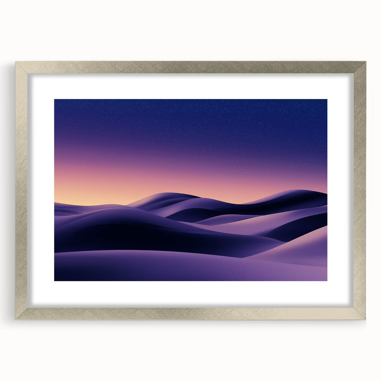 Framed landscape artwork showcasing serene sand dunes with a silver mat border, ideal for home decor and adding a touch of elegance to any room. The image captures the tranquil essence of nature, enhancing interior aesthetics.