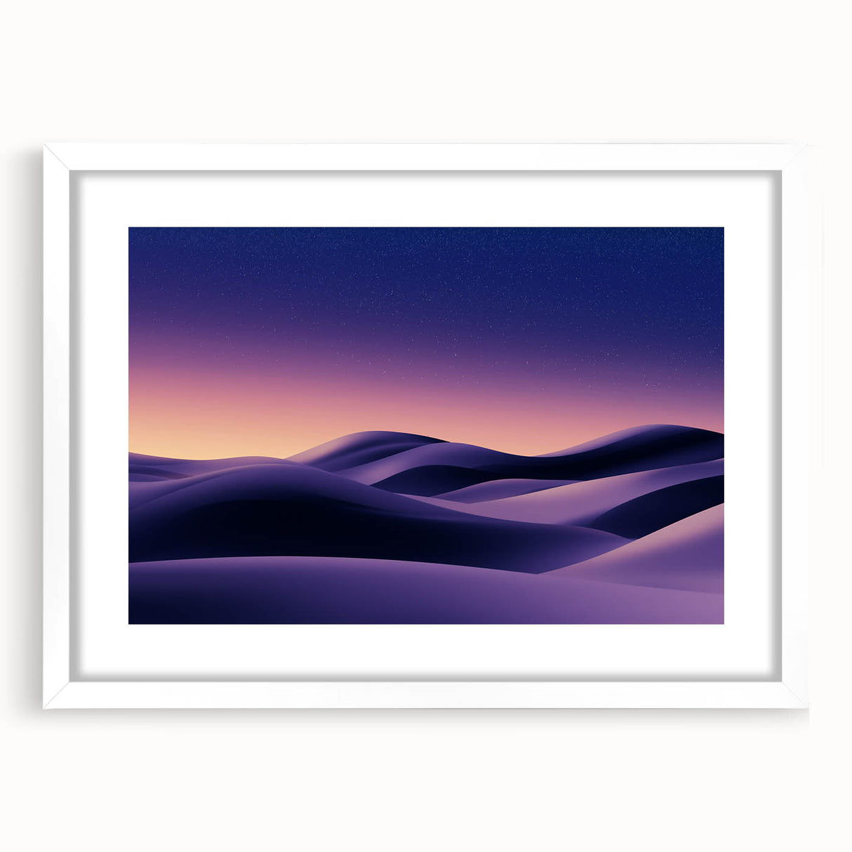 Framed landscape artwork featuring serene sand dunes in soft beige and white tones, encased in a sleek white mat. Ideal for enhancing modern decor.