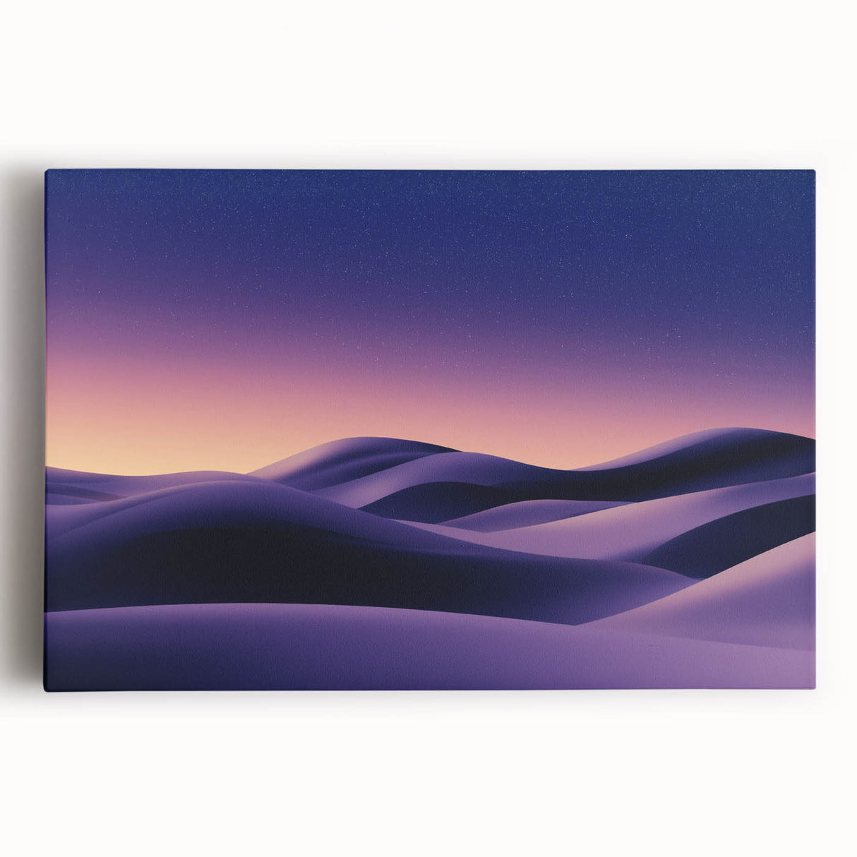 Stretched canvas artwork depicting serene sand dunes at sunset, showcasing warm golden and orange hues, perfect for enhancing modern home decor.