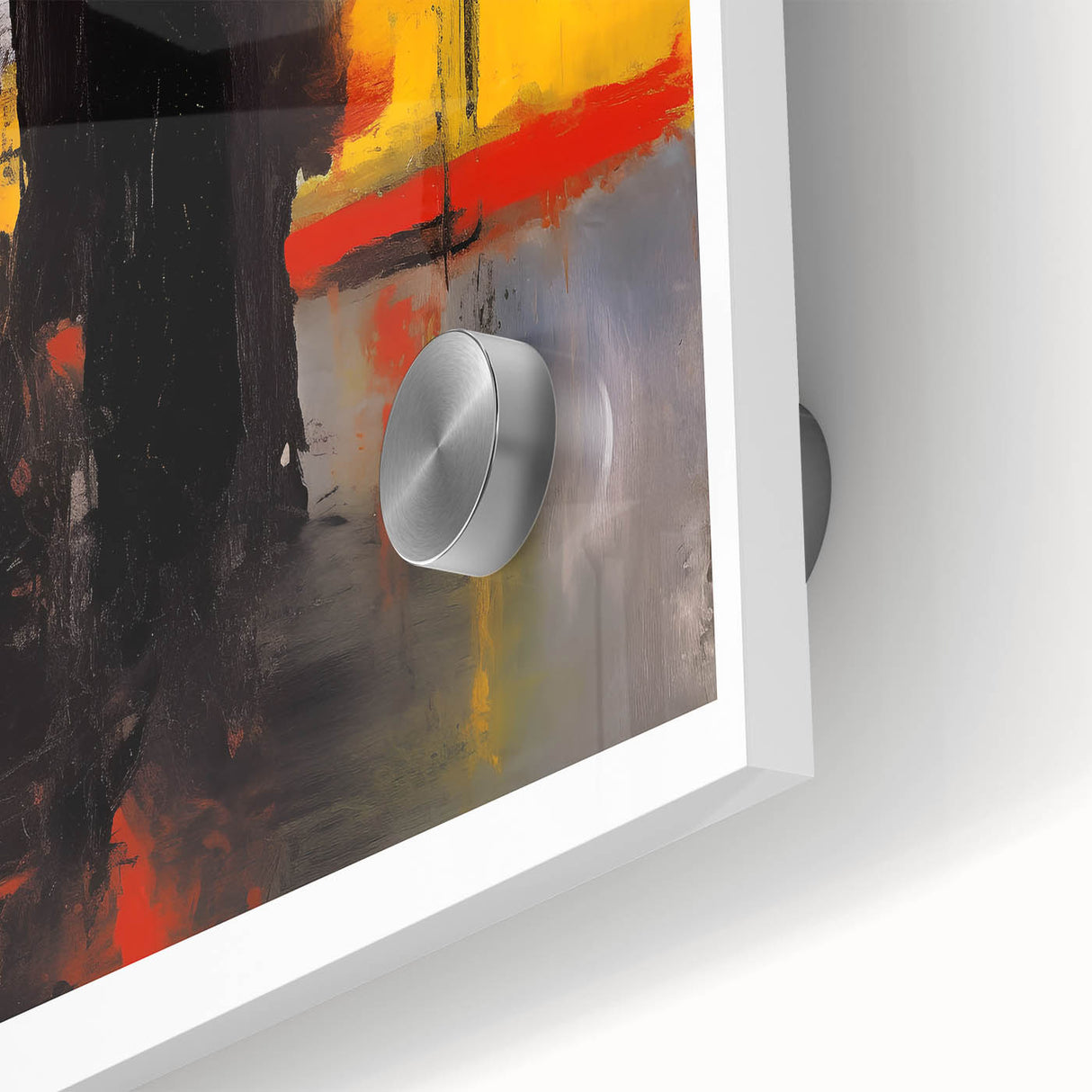 Large abstract wall art in red and orange hues on acrylic, mid-century modernist style, ideal for dining room ambiance.