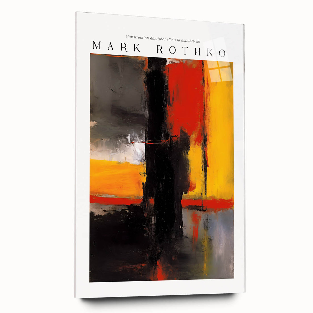 Large abstract wall art in deep red and black hues on acrylic glass, ideal for modern bedroom or dining room ambiance.
