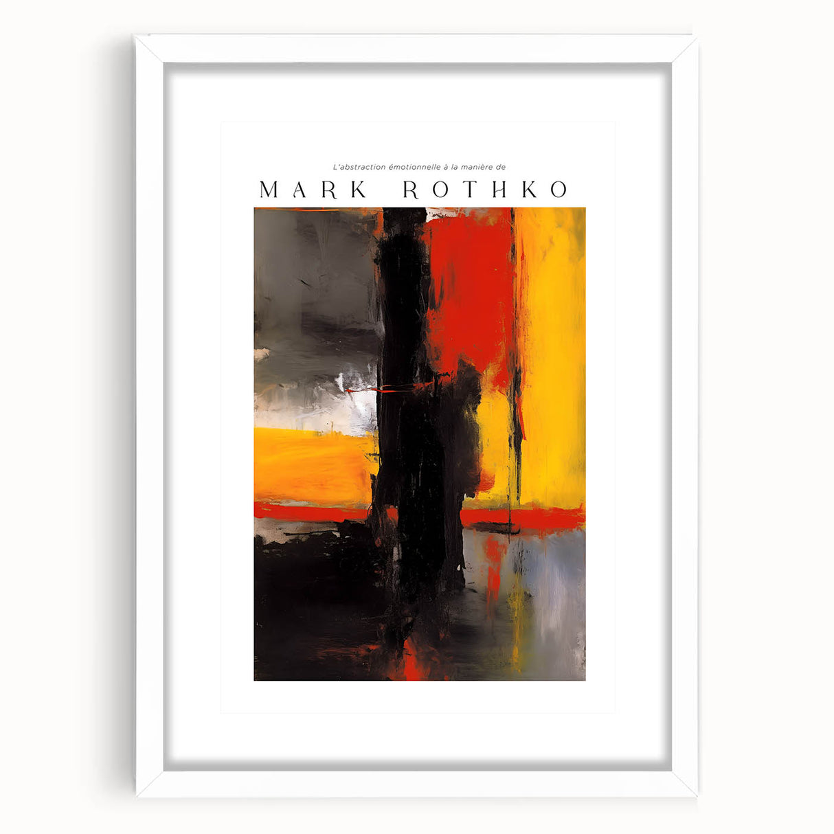 Abstract art print featuring red and orange blocks on canvas, framed with a white mat, suitable for dining room decor.