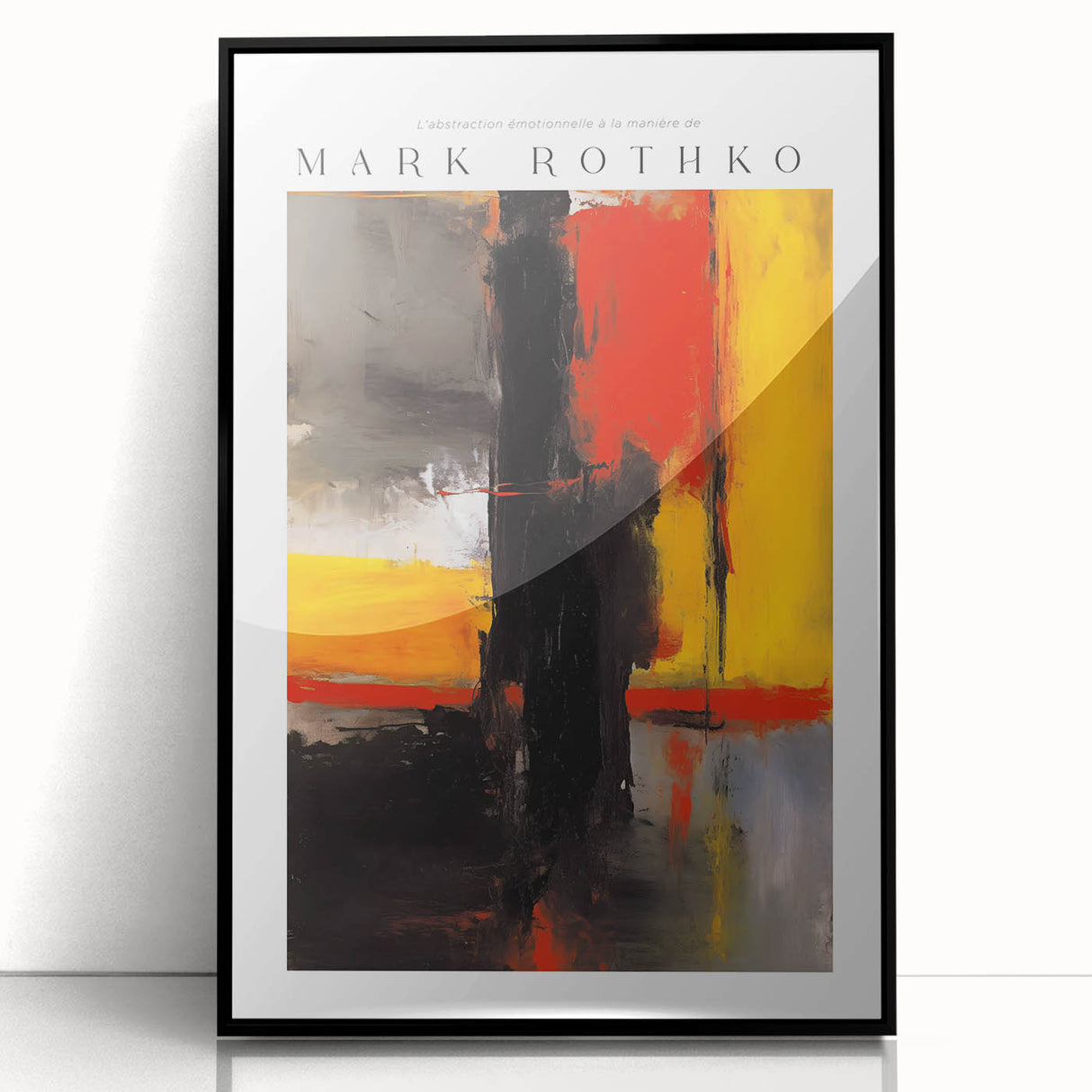 Large abstract wall art by Mark Rothko, featuring bold red and black colors, in a mid-century modernist style.