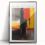 Mid-century modernist art featuring abstract blocks in red and blue on a framed acrylic, suitable for modern art wall decor.