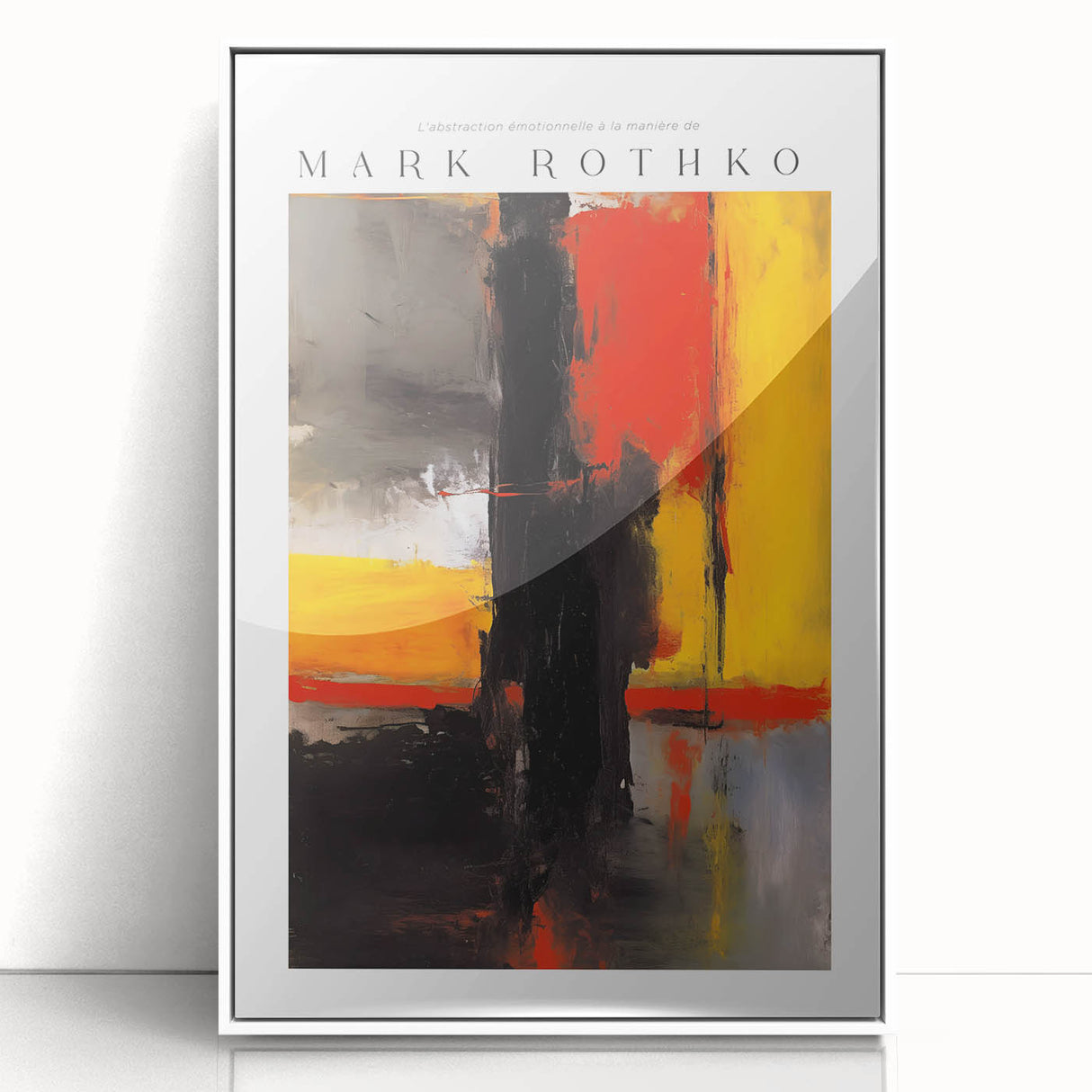 Modern art wall decor featuring a Rothko-inspired abstract design in muted blues and reds on a framed acrylic.