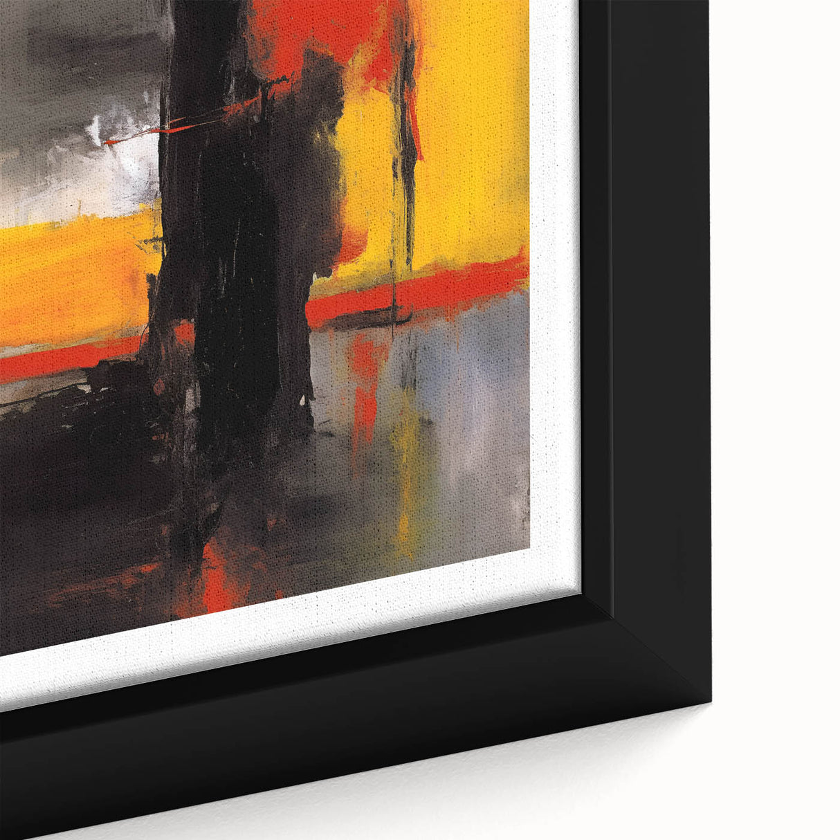 Extra large framed canvas featuring a textured black background with vibrant, colorful abstract shapes.