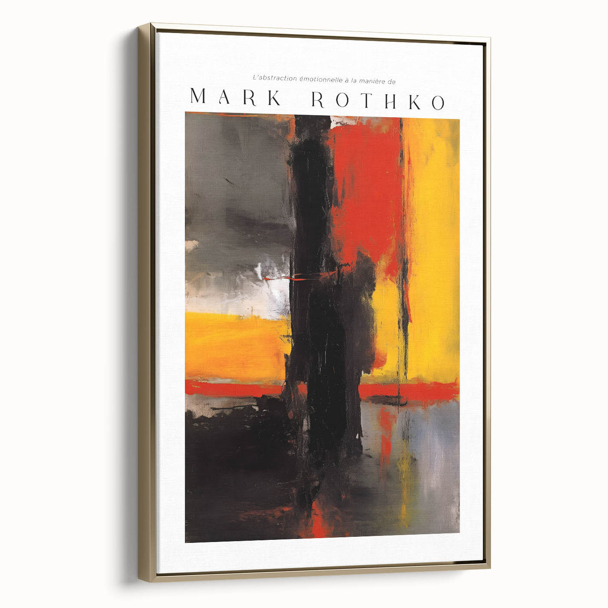 Modern abstract landscape painting in black and gold hues on framed canvas, suitable for bedroom wall art.