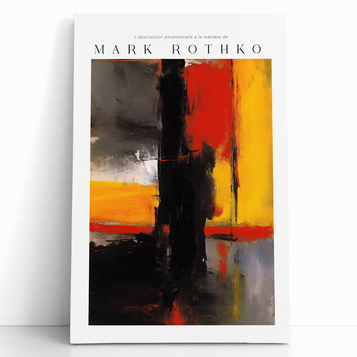 Black and white abstract canvas featuring large blocks of color, ideal for kitchen wall art or bedroom ambiance.