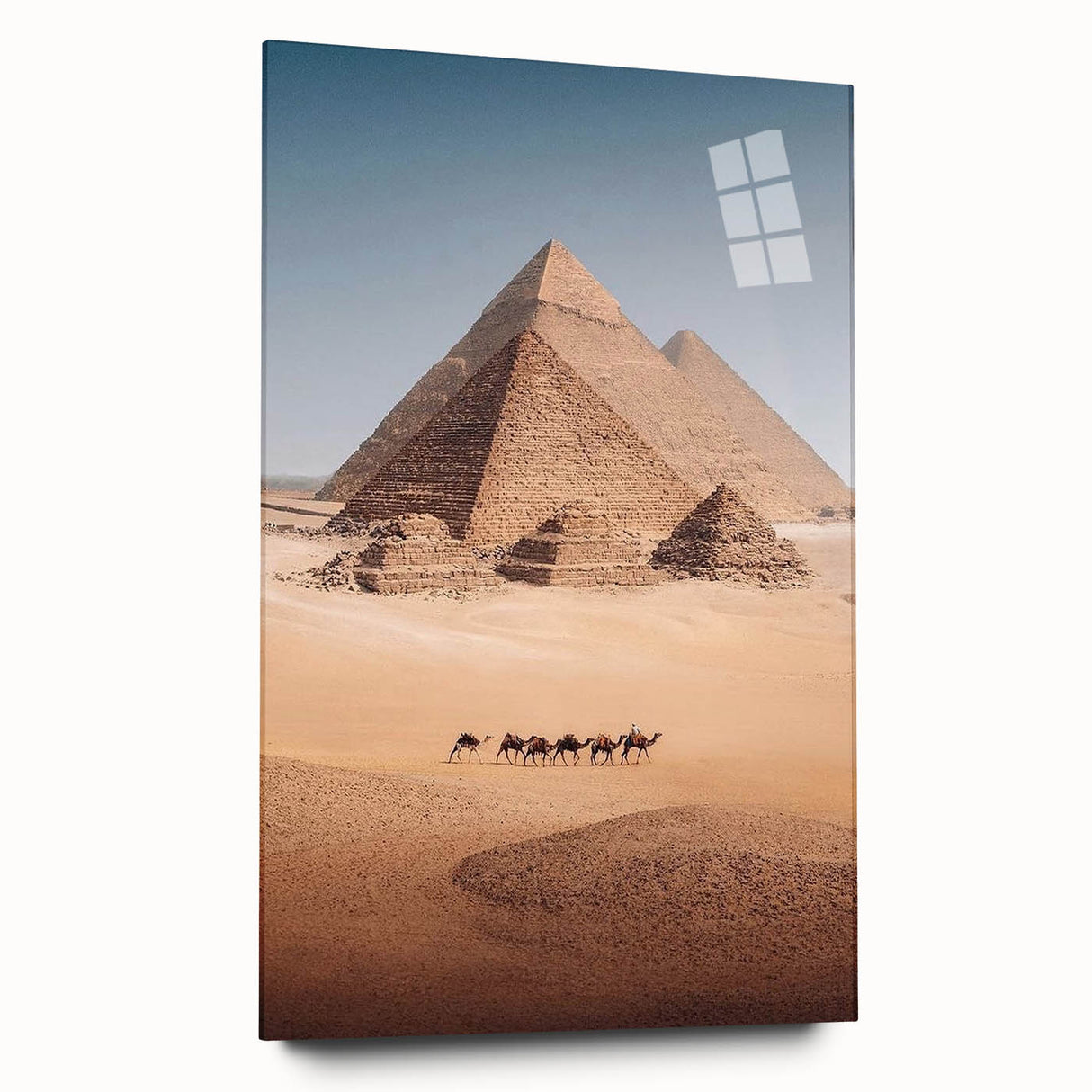 Large abstract depiction of Egyptian scenery on acrylic glass, featuring earth tones, ideal for bedroom or dining room art.