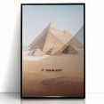 Large abstract wall art depicting a minimalist Egyptian scenery in muted earth tones, framed in black acrylic.