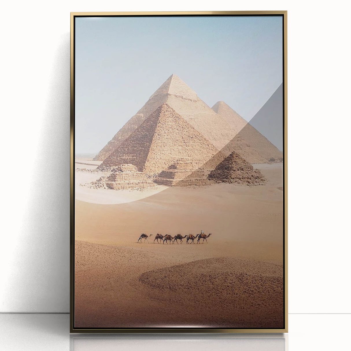 Mid-century modernist art depicting the Egyptian landscape in gold tones on a framed acrylic.