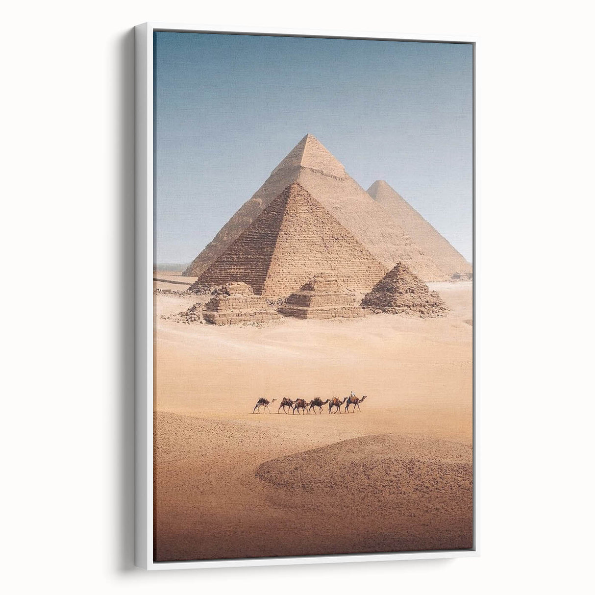 Framed canvas featuring a vintage-style landscape painting of the Egyptian scenery in monochrome black and white.