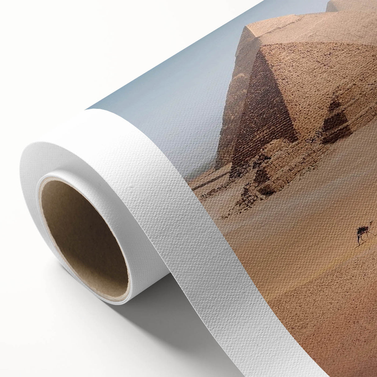 Art deco poster of Egyptian scenery on rolled canvas, featuring muted earth tones.