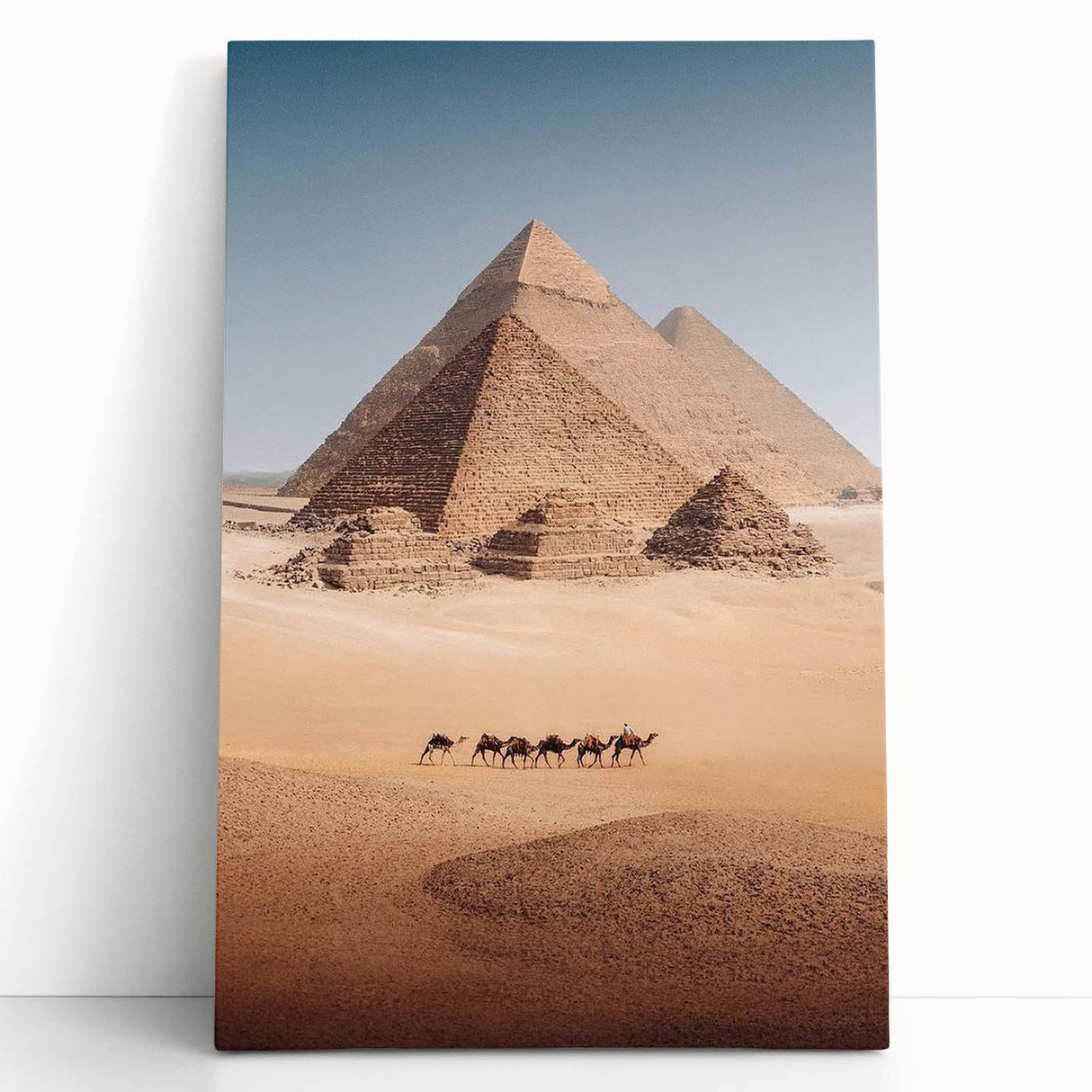Large black and white wall art of Egyptian scenery on stretched canvas, ideal for kitchen or bedroom decor.