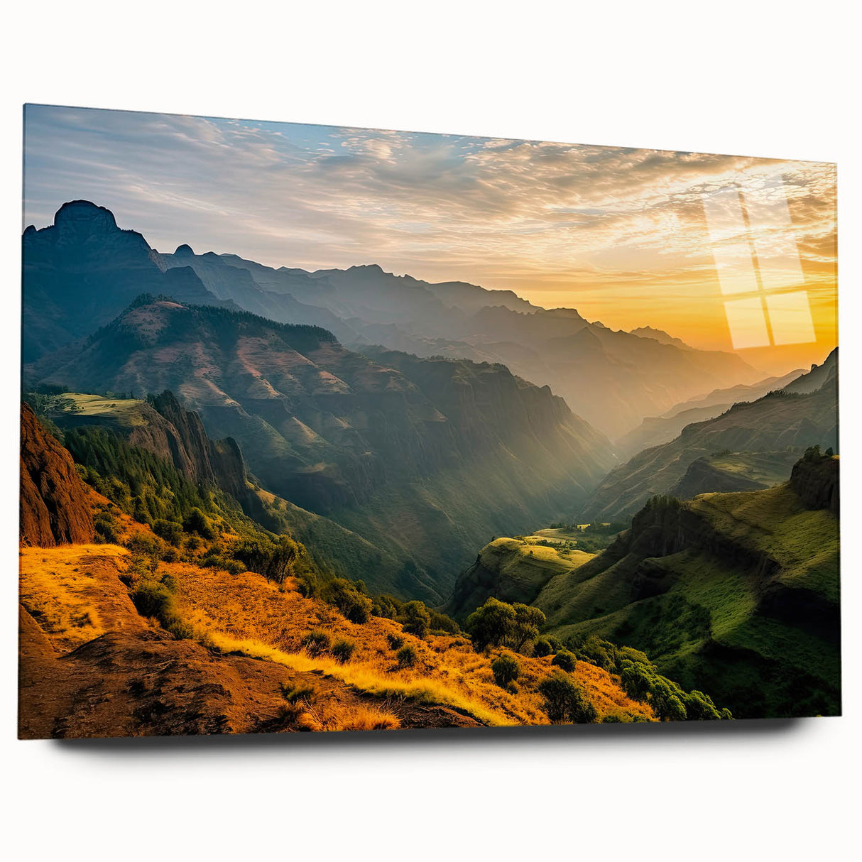 Large abstract wall art of Ethiopian scenery on acrylic glass, with muted earth tones.