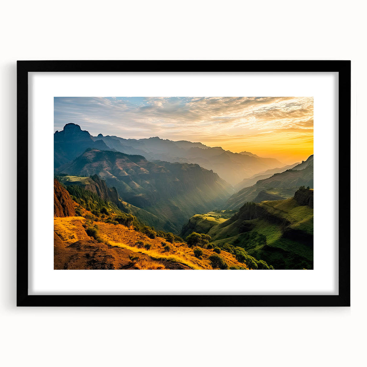 Extra large abstract art print of colorful, textured Ethiopian scenery on a black framed canvas, ideal for living room decor.