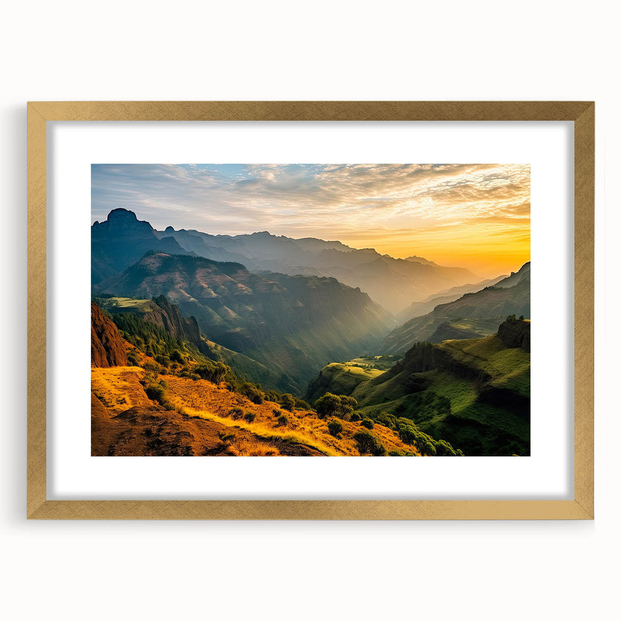 Textured abstract art print depicting Ethiopian scenery in earthy tones on a gold-framed canvas, ideal for bedroom art.