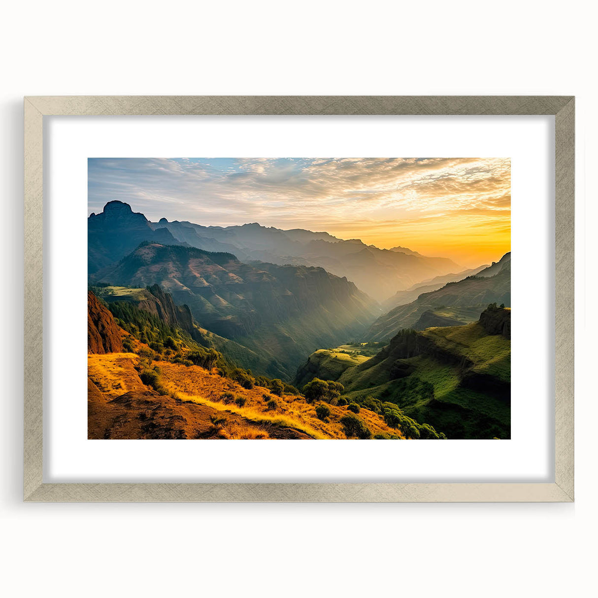 Abstract art print featuring a colorful Ethiopian landscape on a silver-framed mat, ideal for dining room decor.