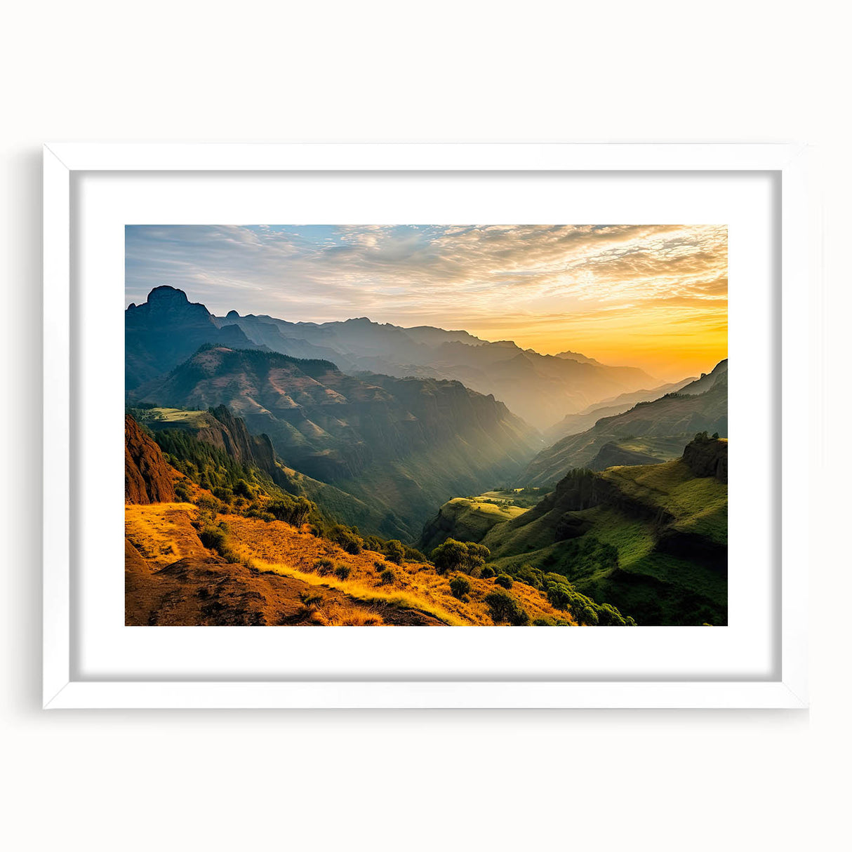 Extra large abstract art print depicting a textured Ethiopian landscape in earthy tones, framed with a white mat.