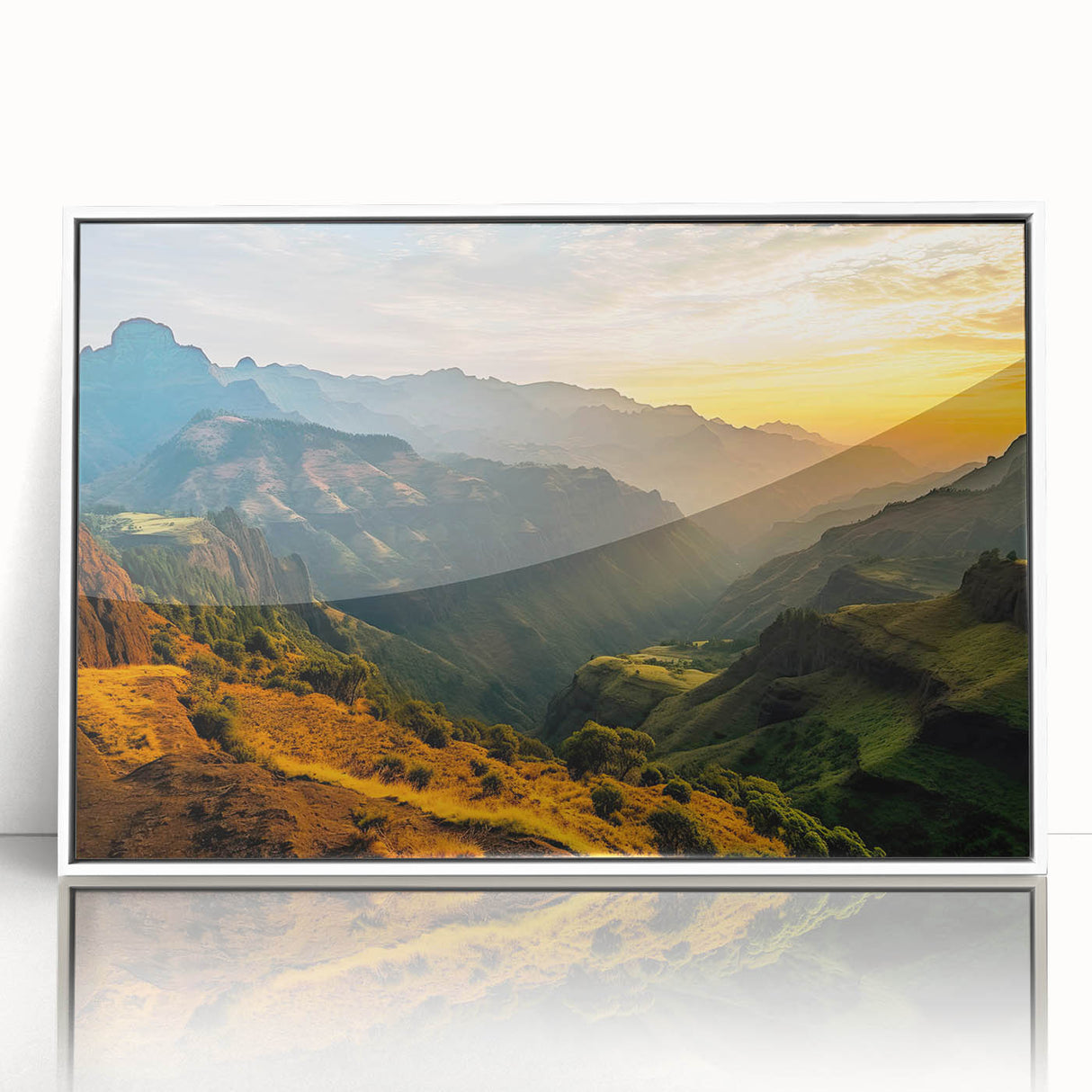 Acrylic print of an Ethiopian landscape in muted earth tones, framed in white, suitable for modern art wall decor.