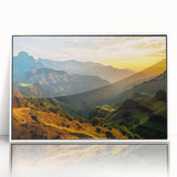 Acrylic print of an Ethiopian landscape in muted earth tones, framed in white, suitable for modern art wall decor.