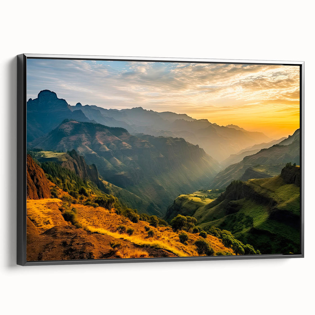 Framed canvas of a black and white Ethiopian landscape, ideal for bedroom wall decor.