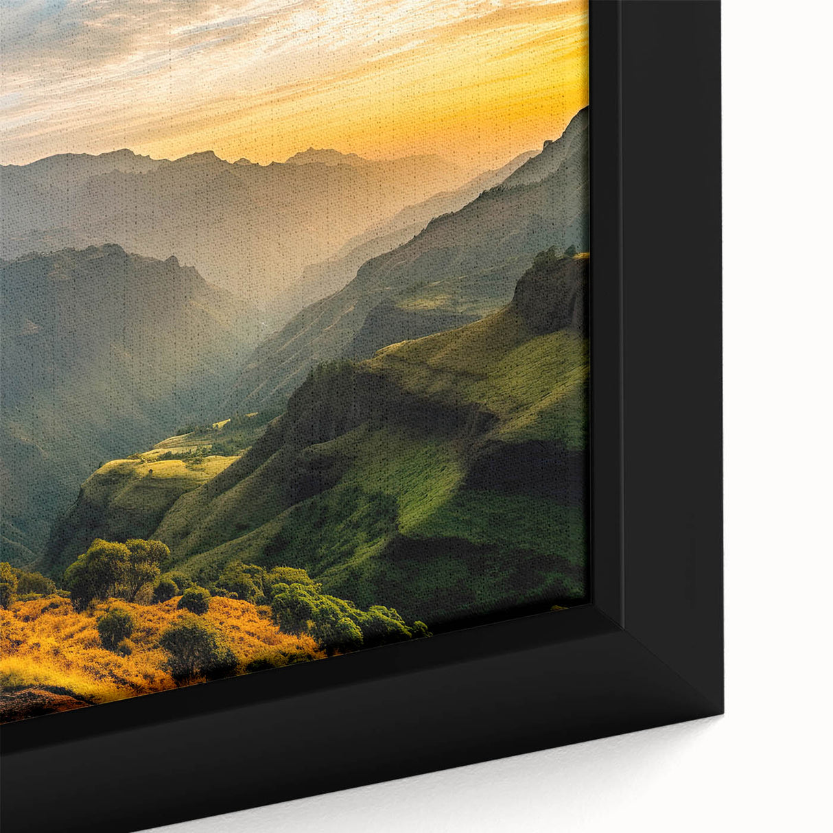 Extra large framed canvas featuring a textured, colorful Ethiopian landscape, ideal for living room decor.