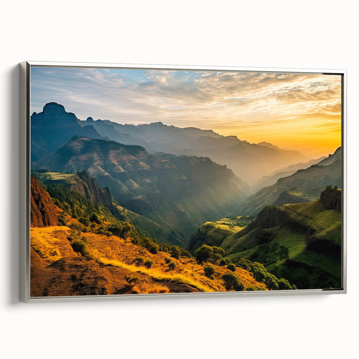 Vintage poster art of an Ethiopian landscape on a framed canvas, featuring a black and colorful palette.