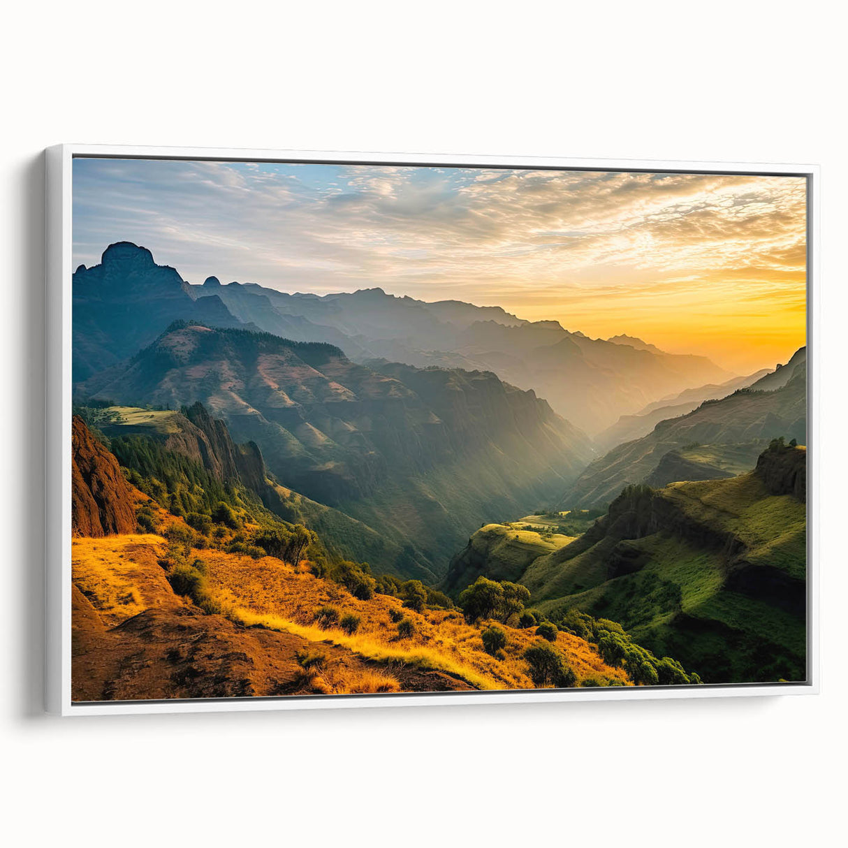 Framed canvas depicting an Ethiopian landscape in muted earth tones, ideal for bedroom wall art.