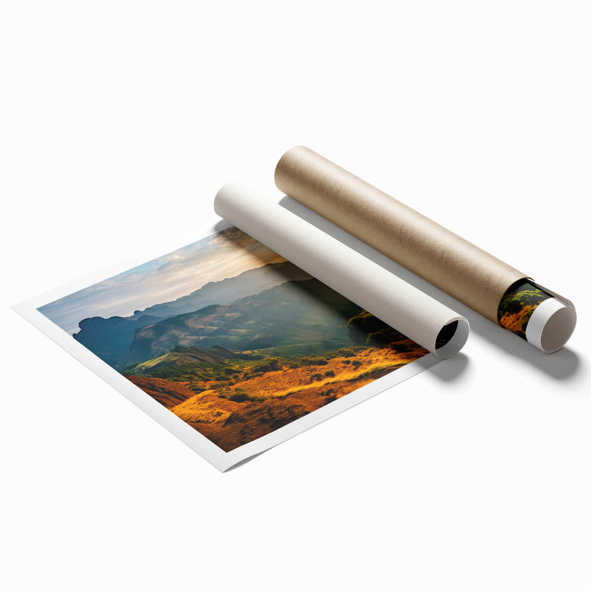 Extra large rolled print featuring a serene Ethiopian landscape with subtle floral elements in earth tones.