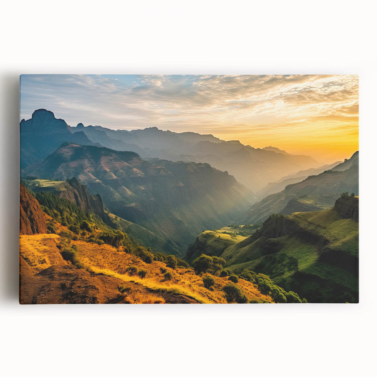 Large black and white stretched canvas of Ethiopian scenery, ideal for kitchen wall art.