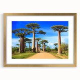 Textured abstract art print depicting a Madagascar landscape in earth tones, framed in gold, suitable for bedroom decor.