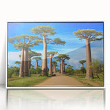 Large framed acrylic print of a Madagascar scenery in mid-century modernist style, ideal for nursery wall art.