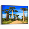 Framed canvas depicting a black and white vintage landscape of Madagascar, ideal for bedroom wall art.