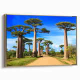 Landscape art painting of Madagascar scenery on framed canvas, featuring colorful art with black and vintage poster elements.