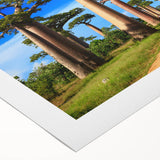 Art deco poster of Madagascar scenery on rolled canvas with vibrant green and blue tones, suitable for dining room wall art.