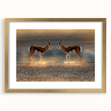 Textured abstract art print depicting a muted gold and beige African landscape on a framed canvas, suitable for bedroom art.