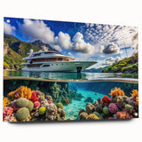 Acrylic print of a Seychelles scenery with lush greenery and ocean view, ideal for dining room art.