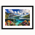 Extra large, textured abstract art print of a colorful Seychelles scenery on a framed canvas, ideal for living room decor.