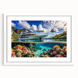 Abstract art print of Seychelles scenery in muted blue and green tones, framed with a white mat.