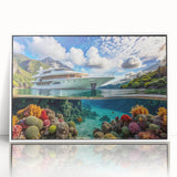 Mid-century modernist art depicting Seychelles scenery in acrylic, framed in white, ideal for nursery wall art.
