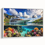 Vintage poster art of Seychelles scenery on framed canvas, featuring vibrant colors, ideal for living room decor.