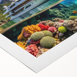 Art deco poster of Seychelles scenery on rolled canvas, in vibrant oceanic blues and greens, ideal for dining room wall art.