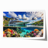 Extra large rolled print of Seychelles scenery with vibrant green and blue tones, suitable for art wall dining room.