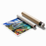 Extra large rolled print of Seychelles scenery with vibrant green and blue tones, ideal for classy bathroom wall art.
