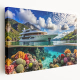 Tropical beach scene with palm trees on a large stretched canvas, featuring vivid blue and green tones.